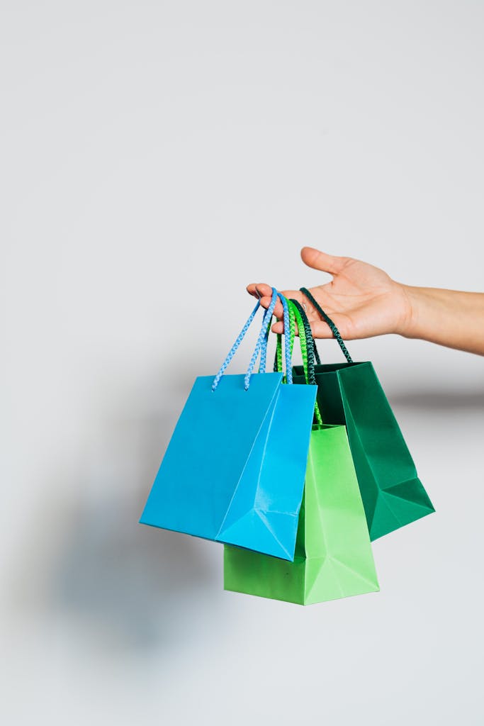 Home 5 Hand holding three colorful paper shopping bags on a white background.